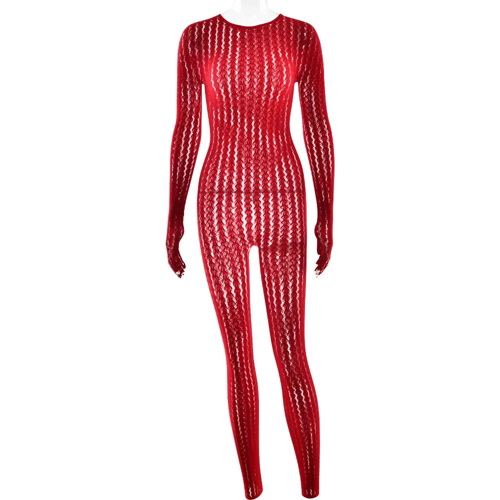 BOOFEENAA See Through Seamless Striped Jacquard One Piece Long Sleeve Jumpsuit Sexy All Black Outfits for Woman Baddie C92-DZ18
