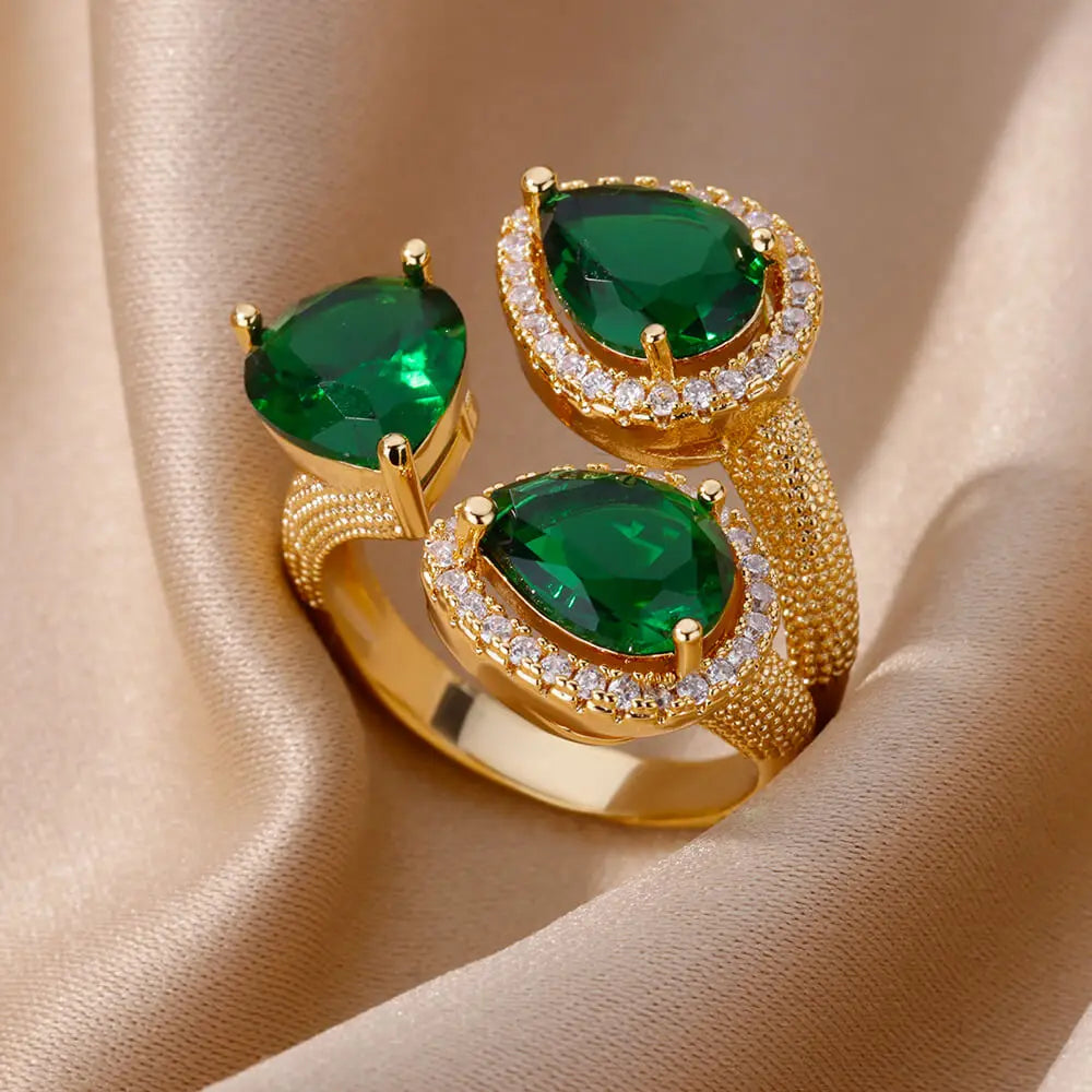 Colorful Cubic Zircon Ring for Women Stainless Steel Gold Color Open Ring Vintage Boho Wedding Party Jewelry Gift Accessories