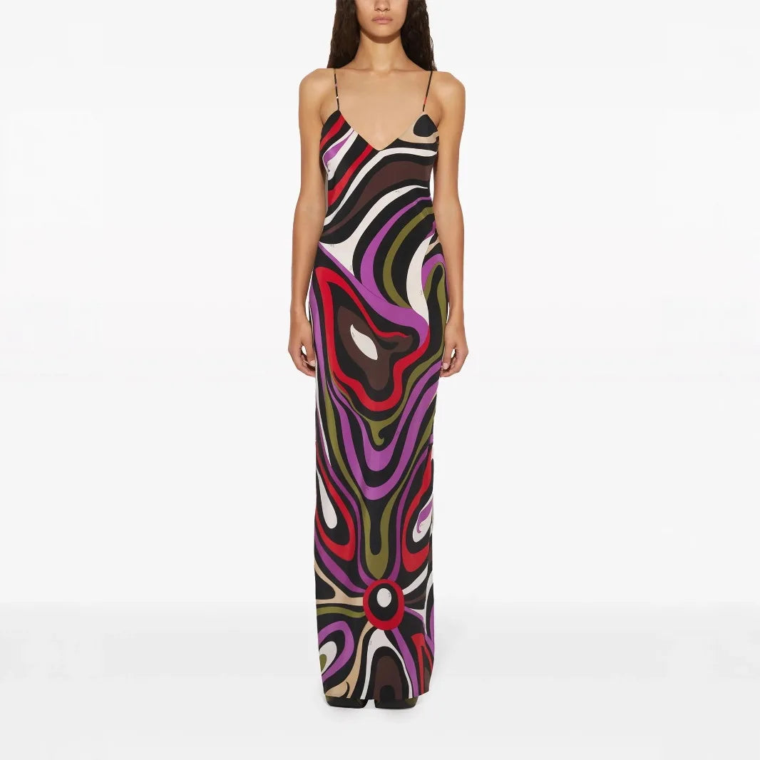 Women's Spaghetti Strap Dress Irregular Color Print Sexy V-neck Backless Slim Slit Long Dresses Summer Party Commuting Vestidos