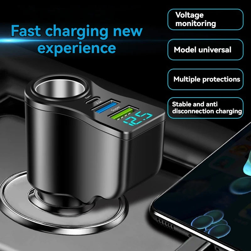 New digital display car fast charging dual USB car charger car one to three cigarette lighter 66W car multifunctional charger
