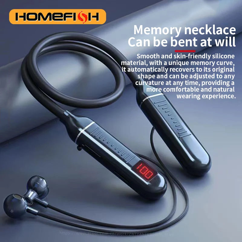 Wireless Bluetooth neckband headphones with digital display function, large-capacity semi-in-ear sports stereo headphones