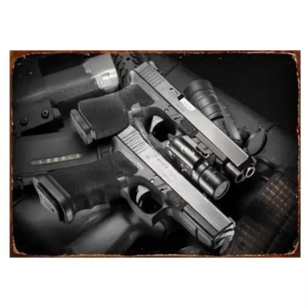 Cool Gun Poster Metal Tin Sign Man Cave Set 4 Vintage Firearm Wall Art Military Decor Bar Bedroom Garage