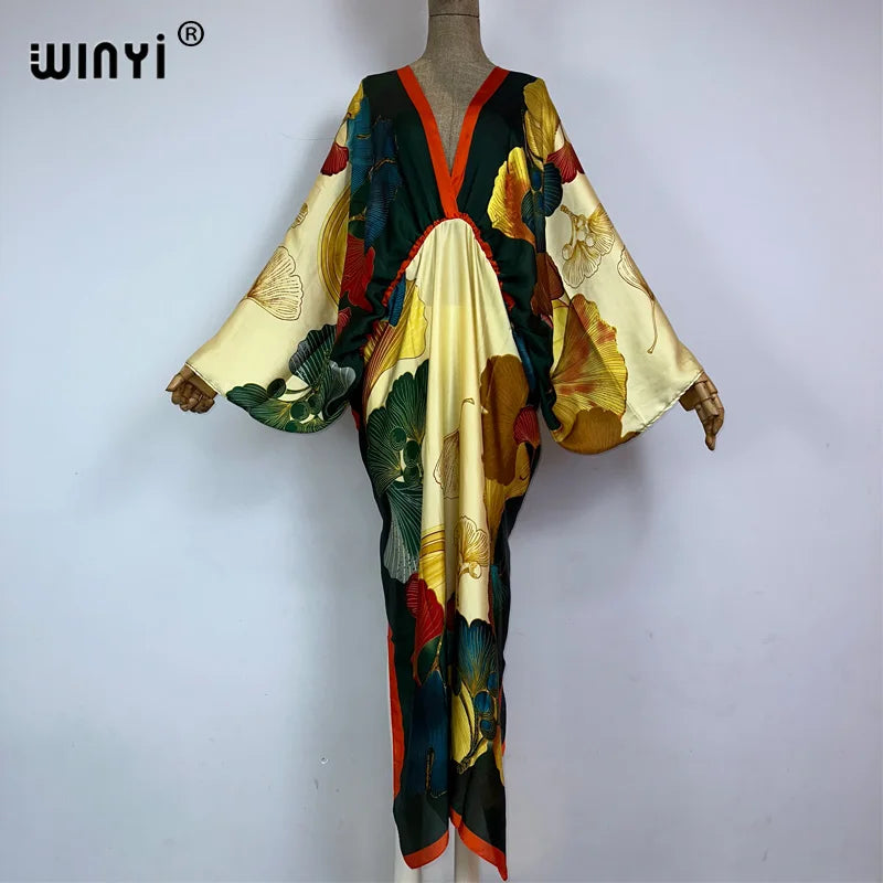 Sexy bech high-quality hand-rolled feel silk rayon fashion print 2021 WINYI Maxi women's robes long beach V-neck Bohemian dress