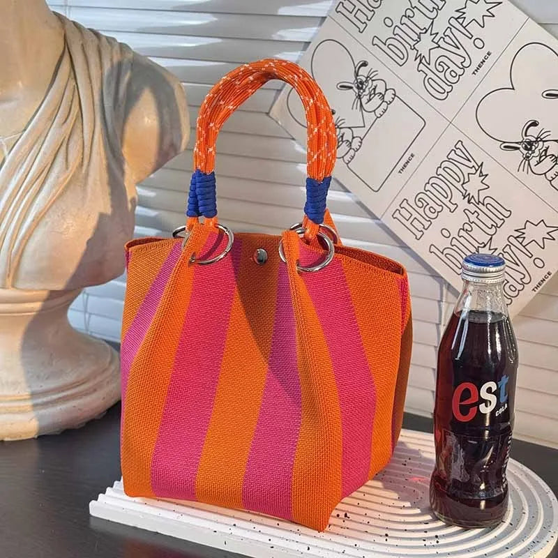 Color Block Handbag Lightweight Metal Ring Handbag Knit Tote Bag Spacious Polyester Storage Bag For Shopping Casual Travel