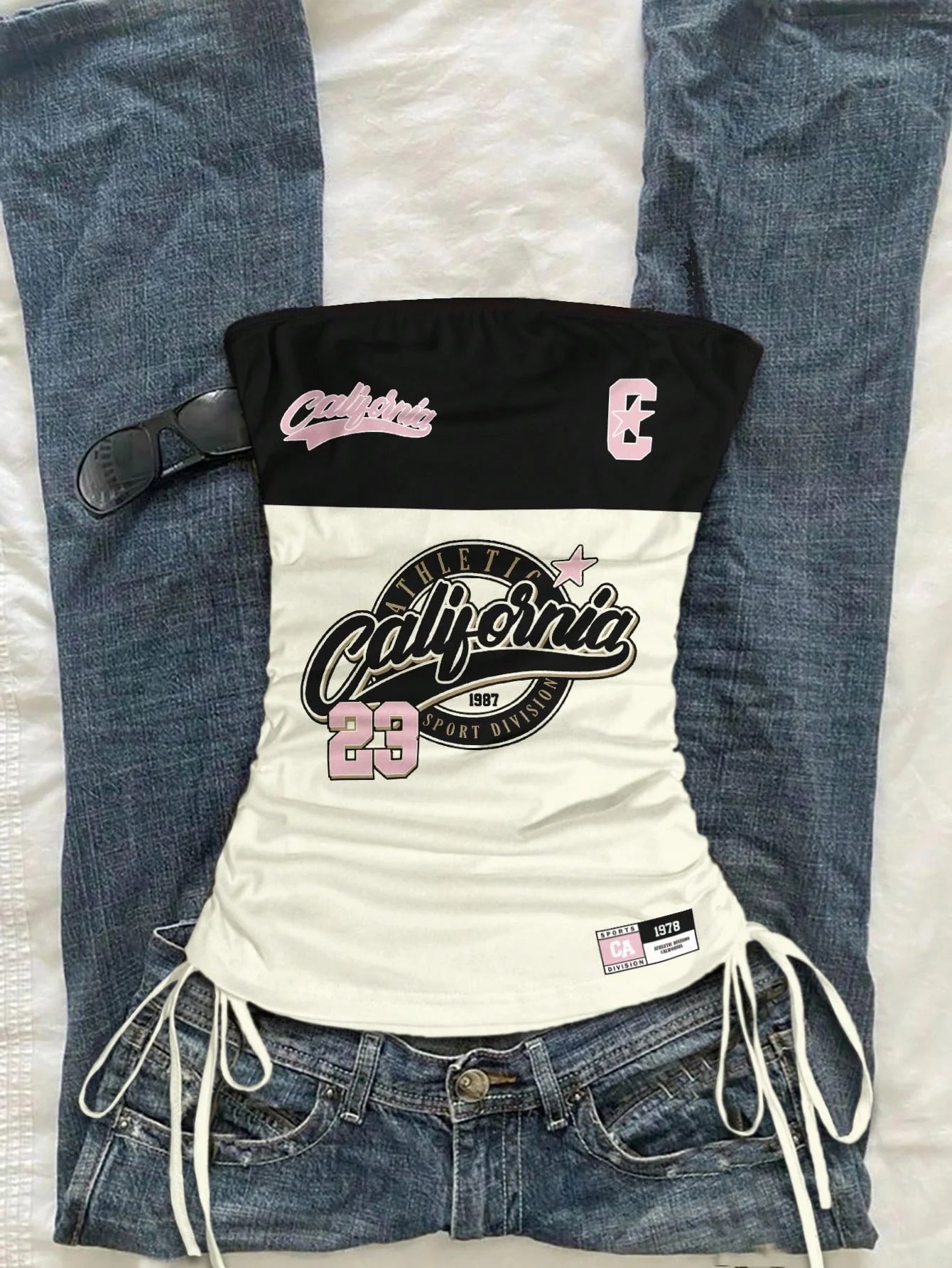 cropped top  ，Women's Summer Drawstring Tie Front Cutaway Tapered Tank Top, Fashionable Resort-Fit Sporty Print Strappy Top