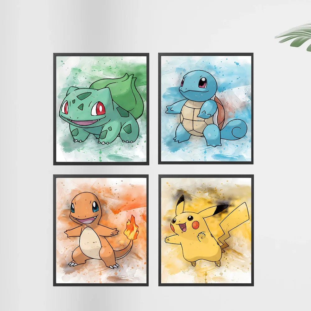 Anime Pokemon Canvas Painting Bulbasaur Charmander Squirtle Poster and Print Watercolor Wall Art Picture Home Decor Kids Gifts