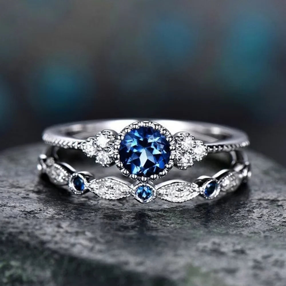 2 PCs Silver-Color Vintage Blue Zircon Ring For Women Fashion Classic Wedding Purple Pattern Ring Jewelry Set Gift