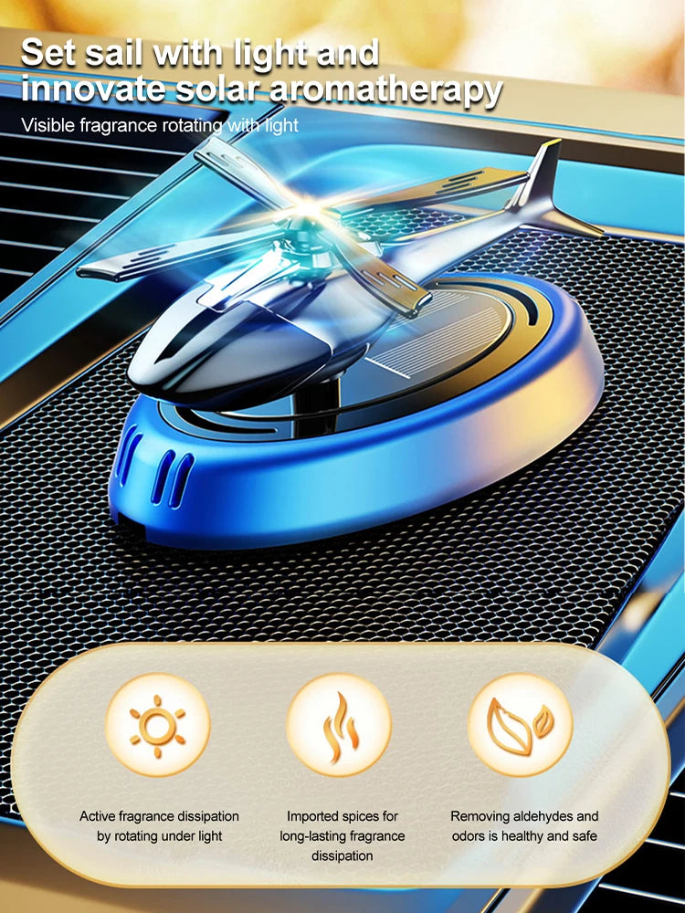 Solar Powered Rotation Helicopter Solar Aromatherapy Car Air Freshener Alloy+ABS Wooden Fragrance Auto Aroma Diffuser