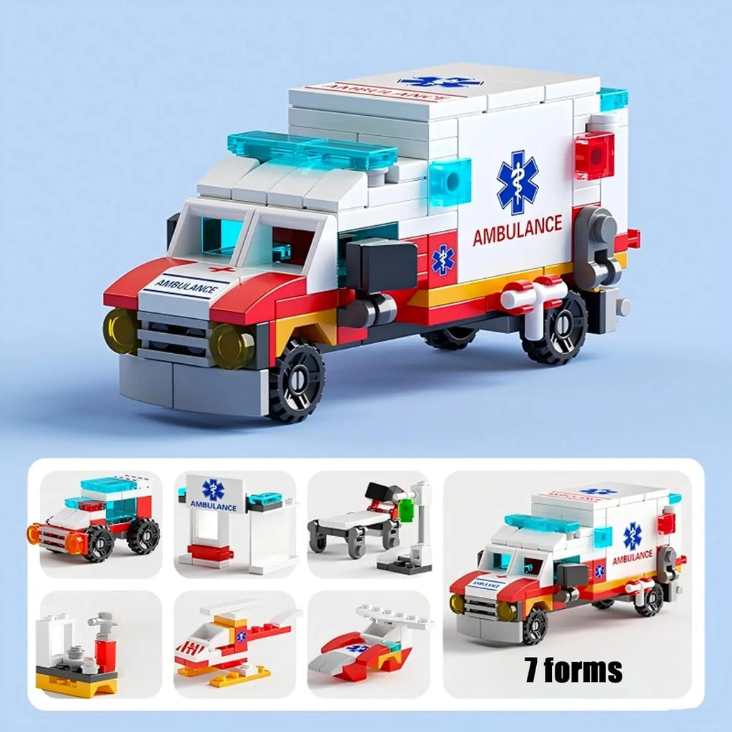 Ambulance Building Blocks Toy (122 Pieces) – 7 in 1 Emergency Vehicle Set, STEM Learning Creative Play, DIY Construction Toy fo