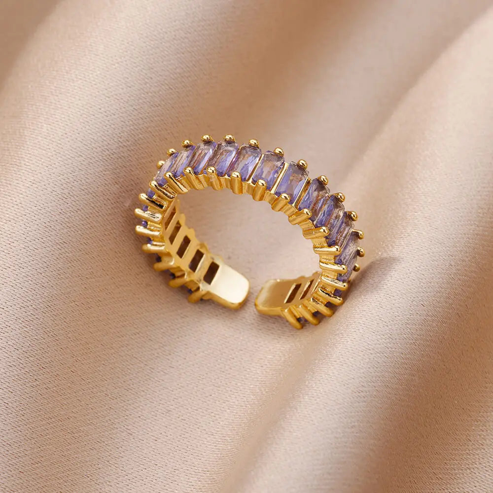Colorful Cubic Zircon Ring for Women Stainless Steel Gold Color Open Ring Vintage Boho Wedding Party Jewelry Gift Accessories