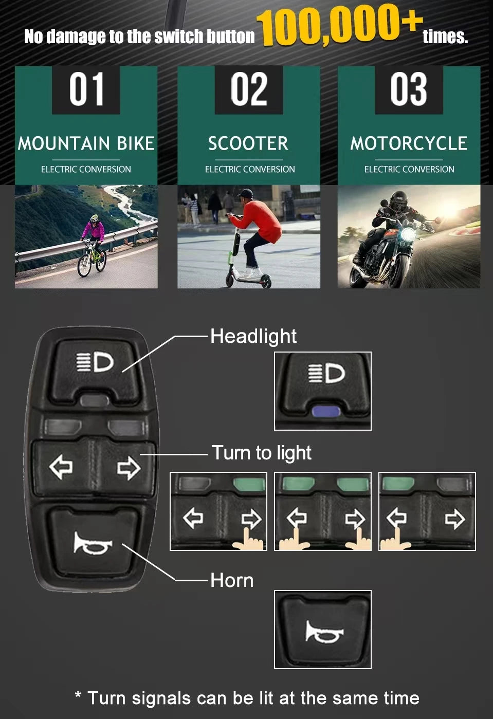 3-in-1 Electric Bike Switch: Headlight Turn Signal Horn Control 36V/48V ON/OFF Waterproof ON/OFF Control Switch for E-Bike
