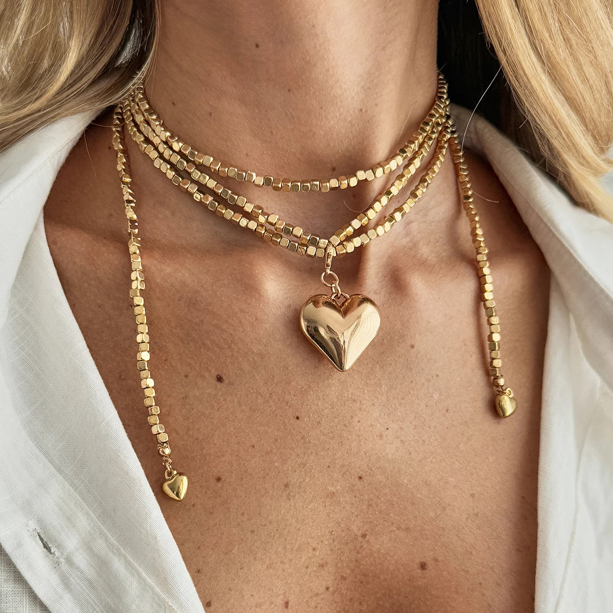 KunJoe Fashion Gold Color Love Heart Pendant Necklace Women Vintage Beaded Chain Long Necklace Sweater Chain Jewelry Accessories