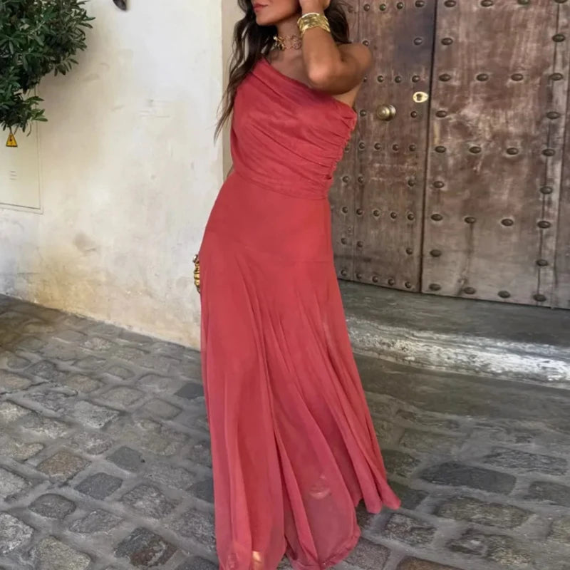 Vintage Solid Color Commuting Dress Fashion Women Off Shoulder Mesh Long Dress Sexy Hollow Out Summer Street Casual Party Dress