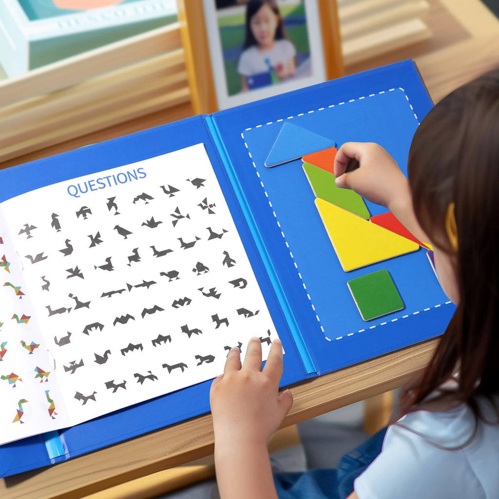 Wooden Jigsaw Magnetic Tangram Puzzle Book Educational Toys For Children Baby Kid Portable Montessori Learning Intelligence