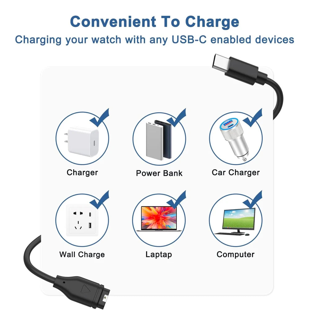 Type C USB Charging Cable for Garmin Venu 4/3/3S/2 SQ Fenix 8/7/6/5 Vivoactive 6/5/4 Smartwatch Charger Cord For Forerunner 570
