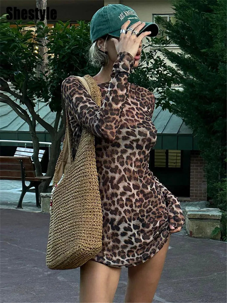 Shestyle Leopard Sexy A-Line Dress Women Two Piece Sets Mesh See Through Fashion Extremely Hot High Street Animal Print Stylish