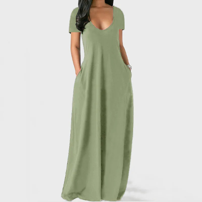 European and American summer cross-border foreign trade new plus size women's solid color dress sexy deep V short sleeved long s