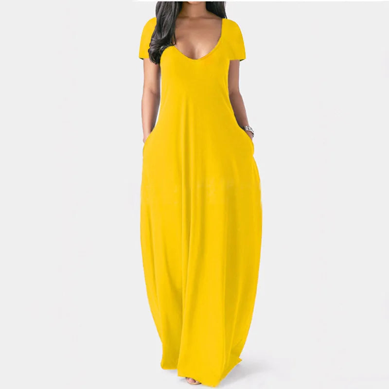 European and American summer cross-border foreign trade new plus size women's solid color dress sexy deep V short sleeved long s