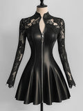 Women’s Elegant PU Leather Dress Black Lace Patchwork Mesh Long Sleeve Zipper Up Bodycon Dress A-Line Party Sexy Mini Dresses