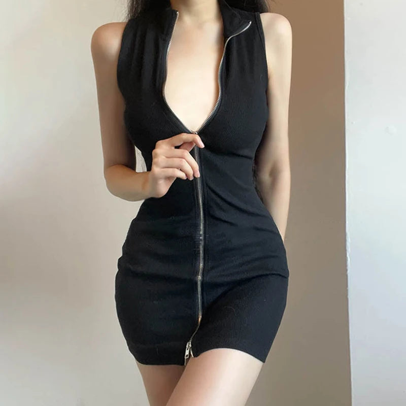 Sexy Stand Collar Zipper Wrapped Party Club Sheath Women Sleeveless Mini Dress