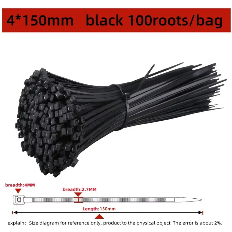 100pcs Black Cable Ties High Tensile Strength, Uv Resistant, Self-Locking For Home & Office Cord Management