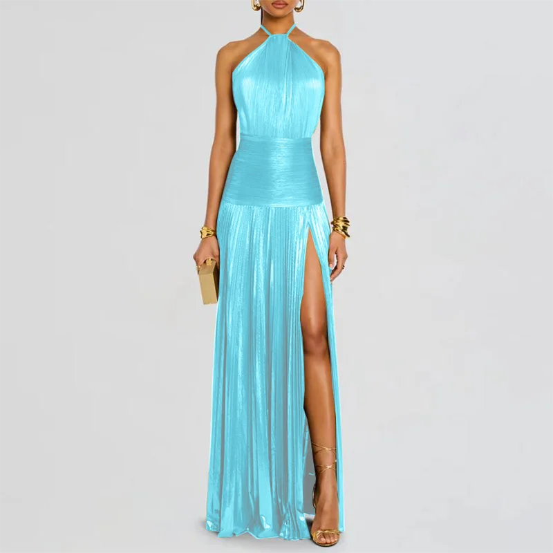 Gold Sexy Halter High Split Gowns Evening Dress Woman Chic Solid Hollow Pleated Long Dress Spring Summer Backless Zip Maxi Dress