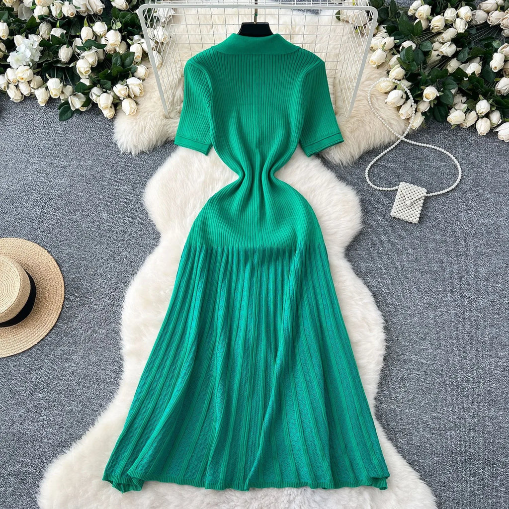 YuooMuoo Chic Fashion Elegant Patchwork Knitted Maxi Dress 2025 Summer Lady Turn-down Collar Shirt Sweater Dress Party Vestidos