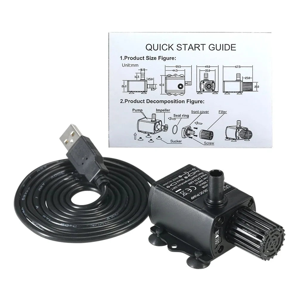 USB DC5V 4.8W Ultra-quiet Mini Brushless Water Pump Waterproof Submersible Fountain Aquarium Circulating 300L/H Lift 300cm