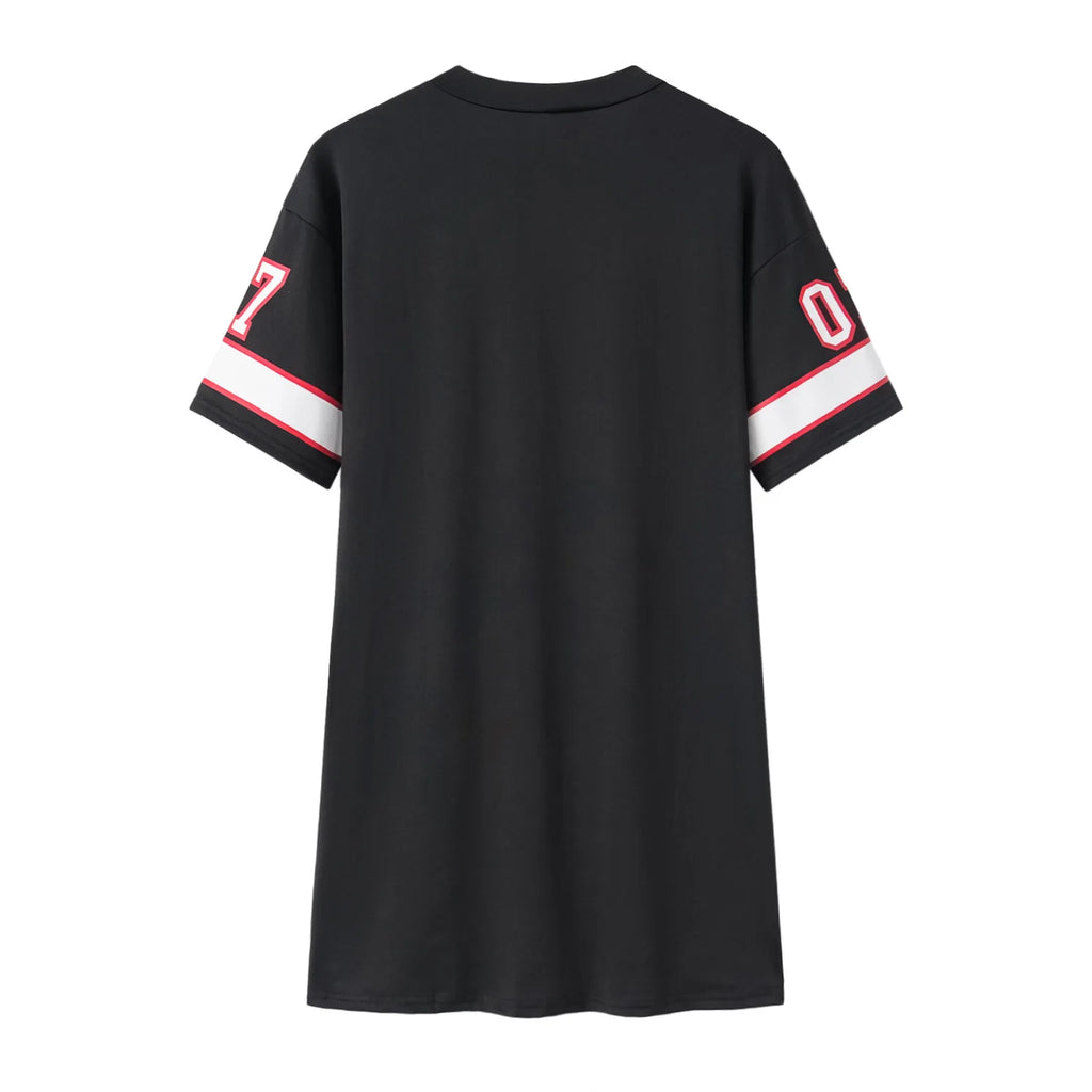 Fashion V-Neck Queen Letters Print Dress Short Sleeve Basketball Sporty Style Sexy Loose Female Clothing Streetwear Loungewear