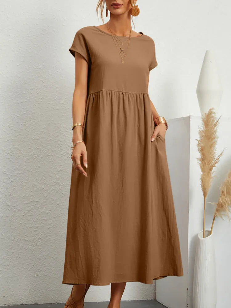 Women Vintage Solid Dress 2023 Summer Elegant O Neck Short Sleeve Cotton Linen Dresses Female Casual Loose Sundress Long Dress