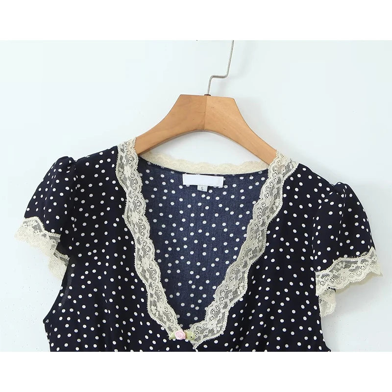YENKYE 2025 Women Navy Blue Polka Dot Long Dress Lace Trim V Neck Short Sleeve A-line Elegant Holiday Dresses Summe Maxi Robe