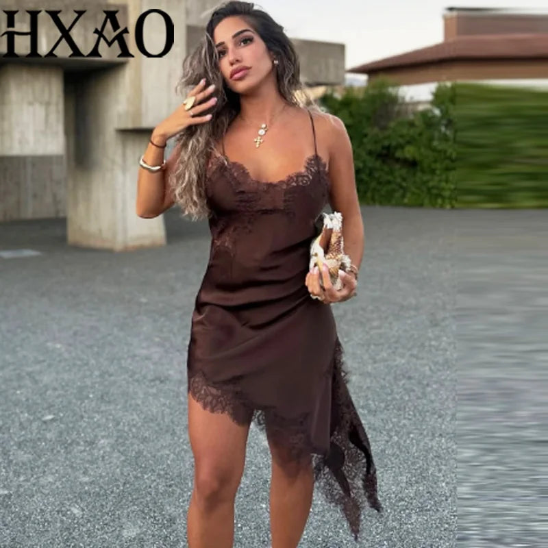 HXAO Slip Womens Dresses Sleeveless Black Lace Dress Woman Asymmetrical Elegant Party Dresses Sexy Backless Satin Yellow Dress