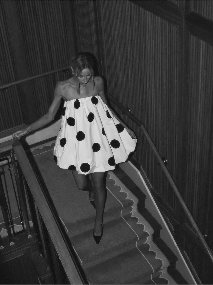 Fashion Polka Dot Dresses Women Summer 2025 Sexy Strapless Sleeveless Mini Vestidos Elegant Classic Pleated Female Party Outfits