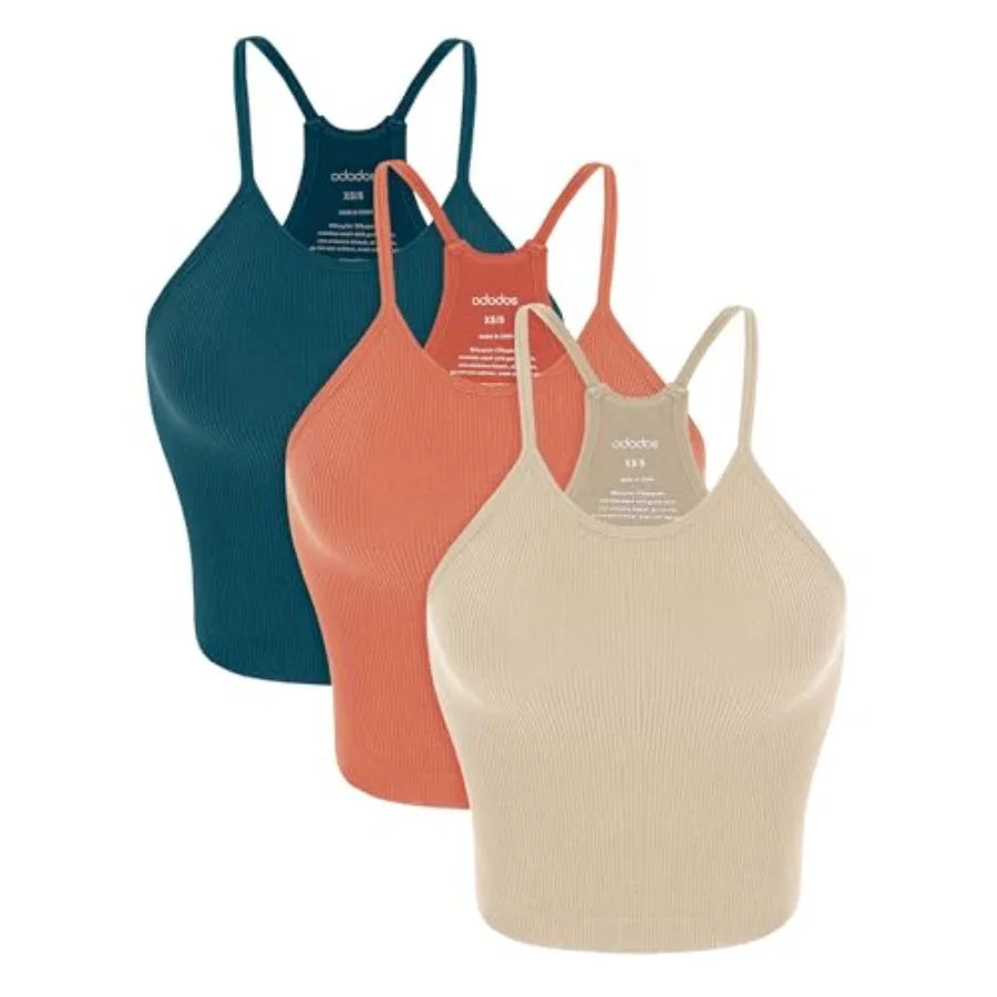 ODODOS Women's Crop 3-Pack Seamless Rib-Knit Camisole Crop Tank Tops