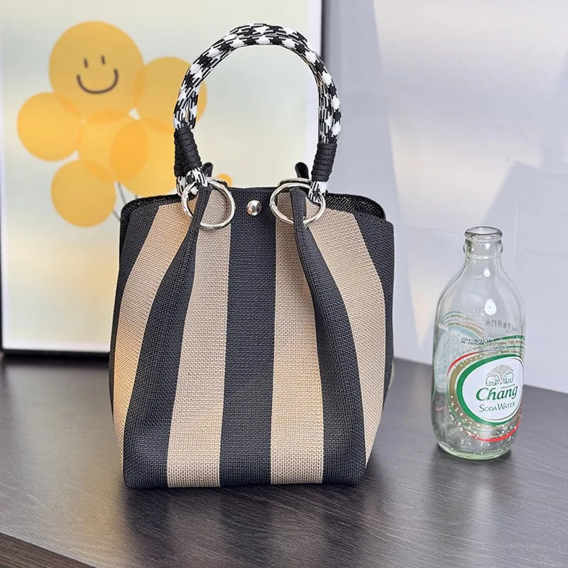 Color Block Handbag Lightweight Metal Ring Handbag Knit Tote Bag Spacious Polyester Storage Bag For Shopping Casual Travel