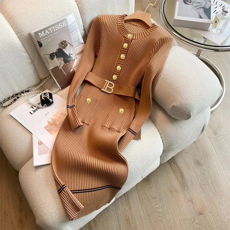 YuooMuoo 2025 Autumn Winter Women Knitted Dress Brand Fashion O-neck Buttons Bodycon Sweater Dress with Belt Lady Office Dress