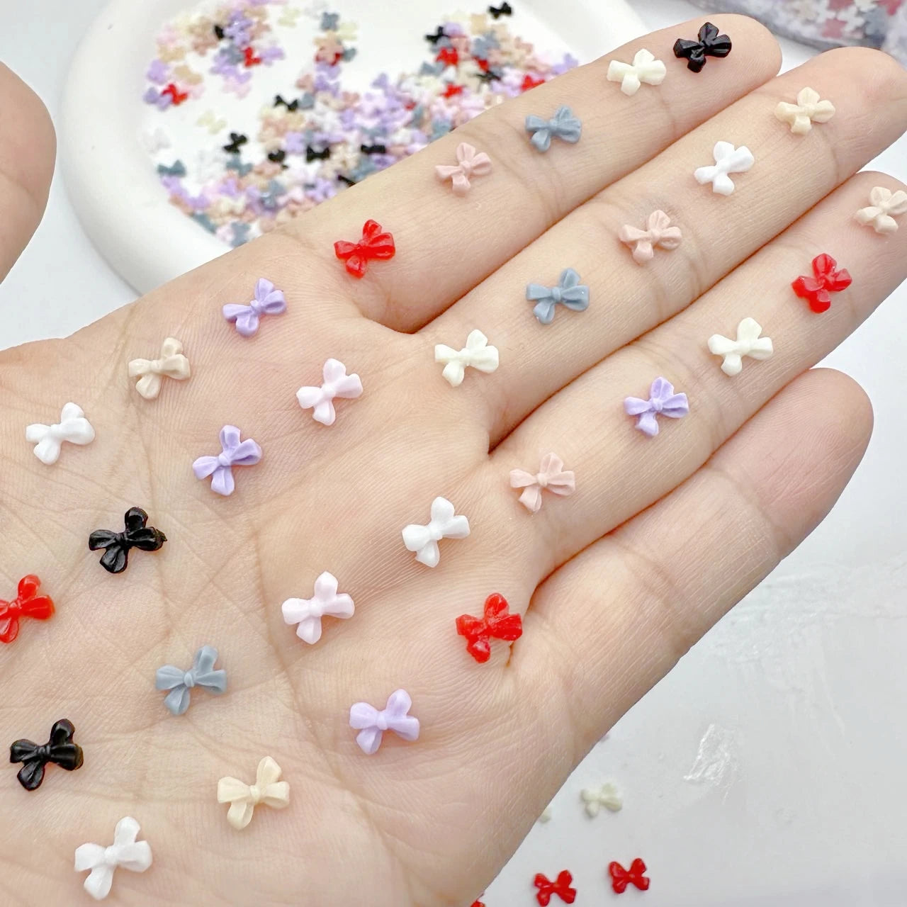 50pcs Transparent Bow Nail Art Parts Charms Bulk Shiny Mini Resin Ribbon Nail Rhinestones DIY Summer Nail Art Decor Accessories