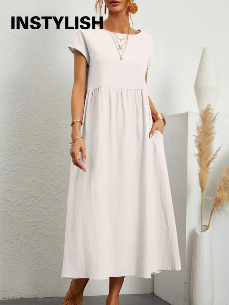 Vintage Solid Midi Dress Casual Short Sleeve Cotton and Linen Harajuku Oversized Long Dress Women Summer Y2K Maxi Sundress 2023