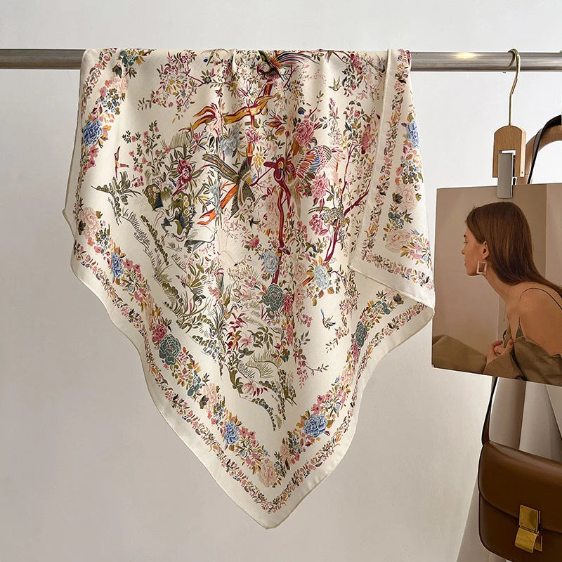 1PCS 70cm Leaf Pattern Silk Scarf for Women Simulated Silk Fresh and Versatile Headwear Bag Clothing Accessories Square Scarf