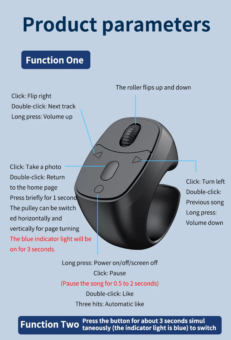 Cell Phone Scrolling Ring Wireless Finger Shutter Remote Control Page Turner Mobile Phone Controller BT For Travel