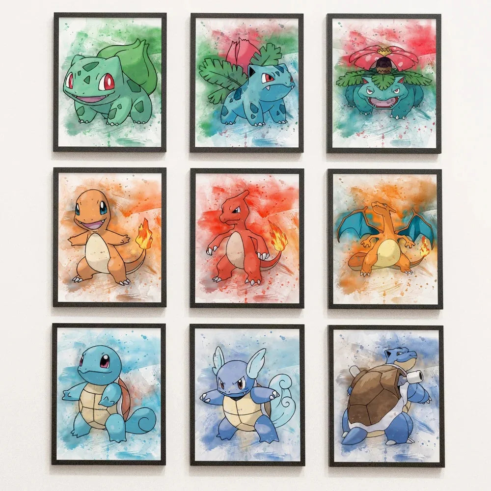 Anime Pokemon Canvas Painting Bulbasaur Charmander Squirtle Poster and Print Watercolor Wall Art Picture Home Decor Kids Gifts