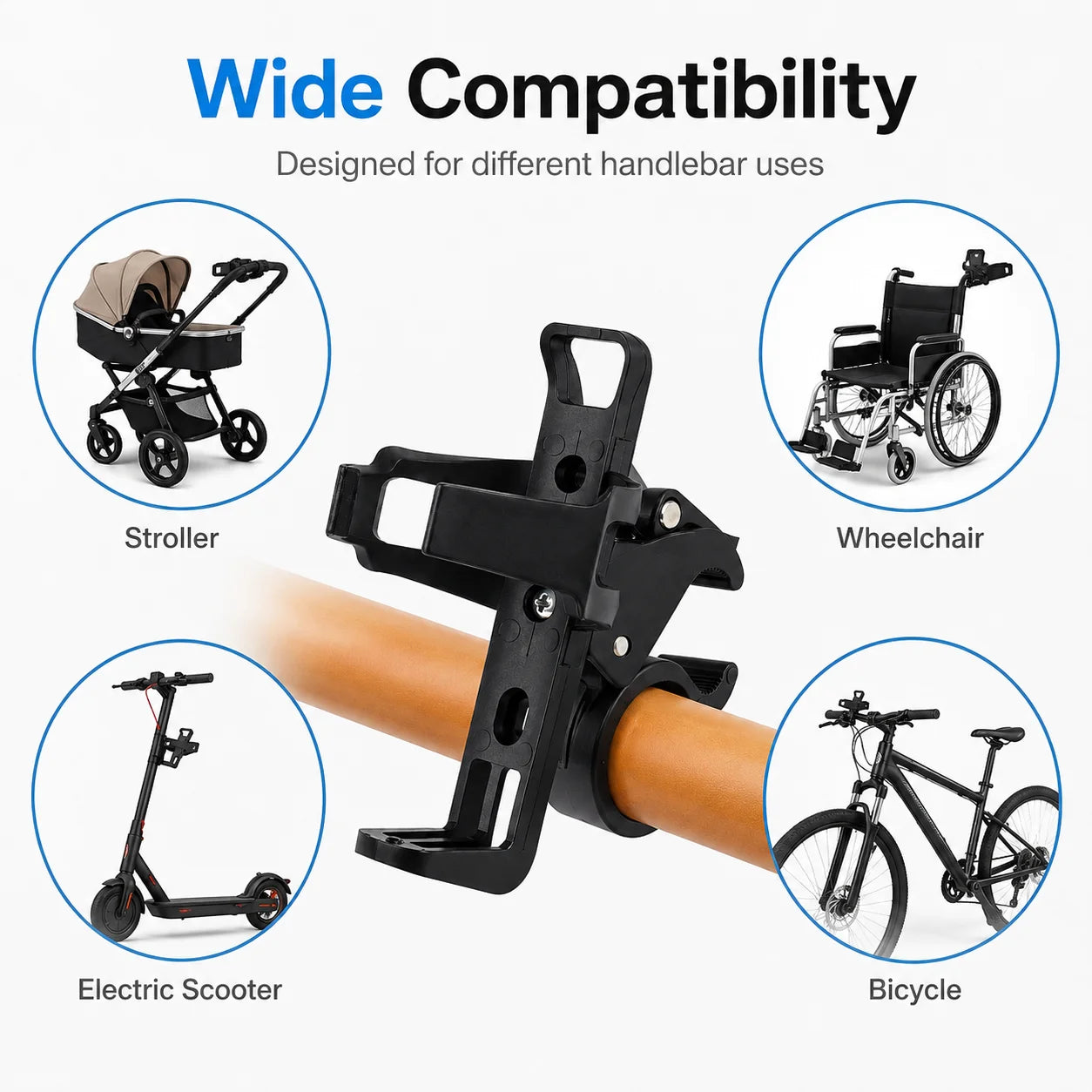 Universal Handlebar Phone Holder Adjustable Bike Scooter Stroller Wheelchair Mount Clamp Stand for 4.0-7.0 Inch Smartphones Uses