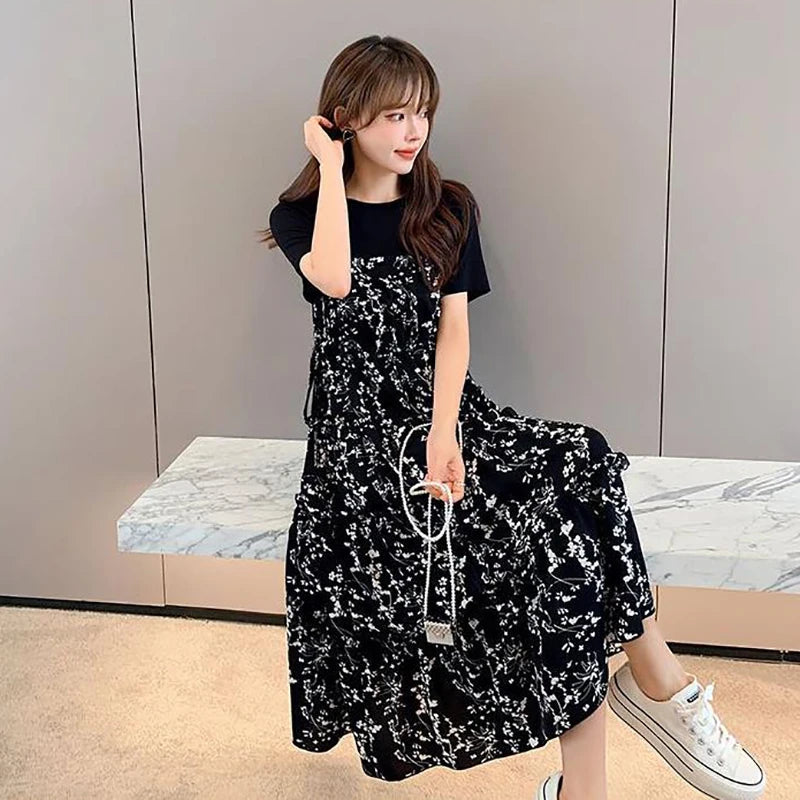 Women's T-shirt Fake two Pcs Korean style Summer Dress Mid-Length Floral Printed Boho Casual Daily Chiffon floral black Dress