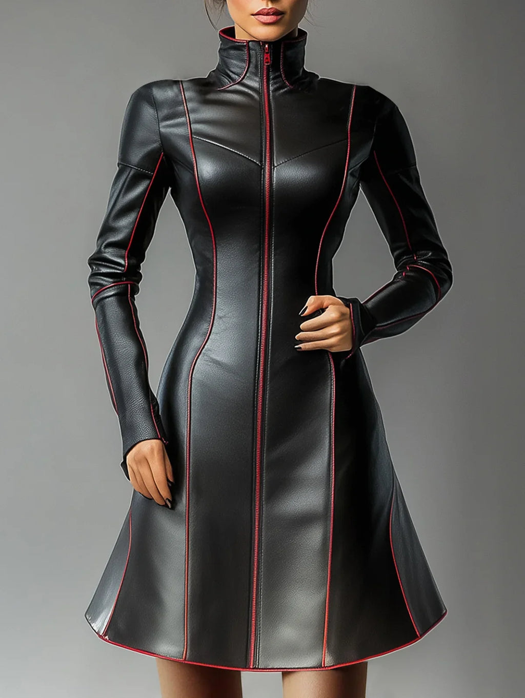 Women Pleated A-Line PU Leather Dress Long Sleeve Grunge Vintage Casual High Street Turtleneck Long Sleeve Mini Dresses 2025