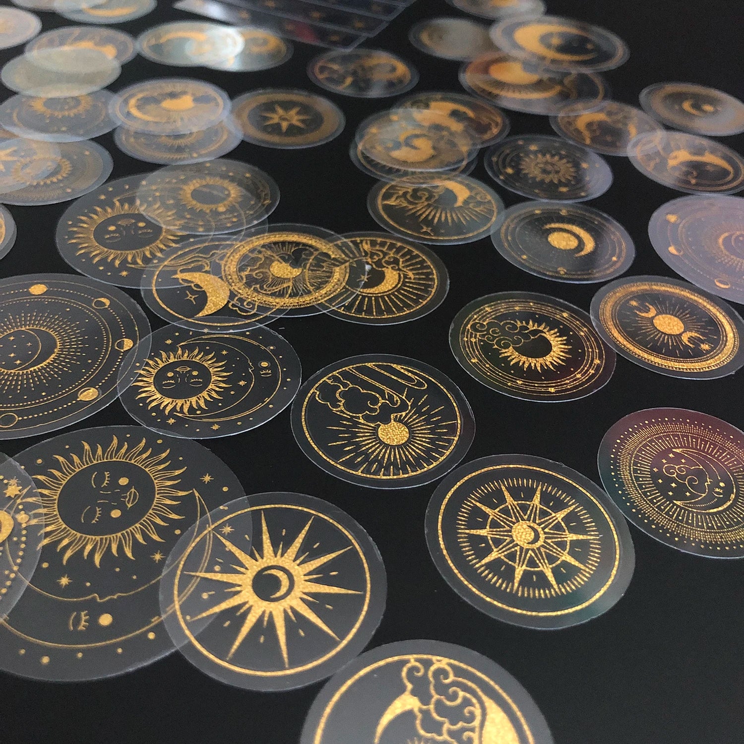 70 pcs Glitter Gold PET Adhesive Stickers Waterproof Transparent Label: SUN MOON Stars Etc