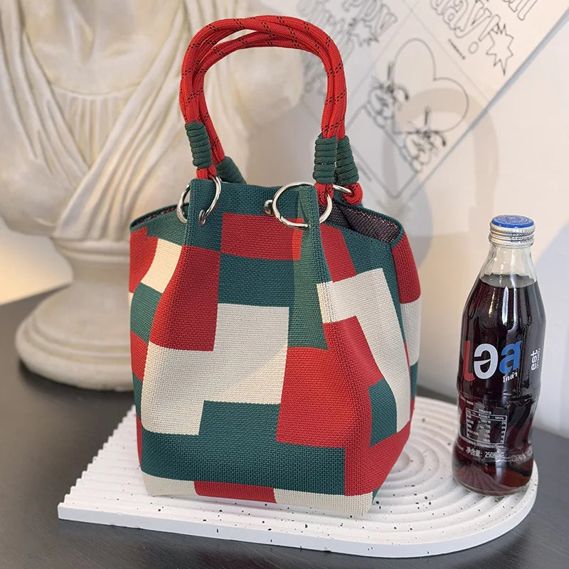 Color Block Handbag Lightweight Metal Ring Handbag Knit Tote Bag Spacious Polyester Storage Bag For Shopping Casual Travel