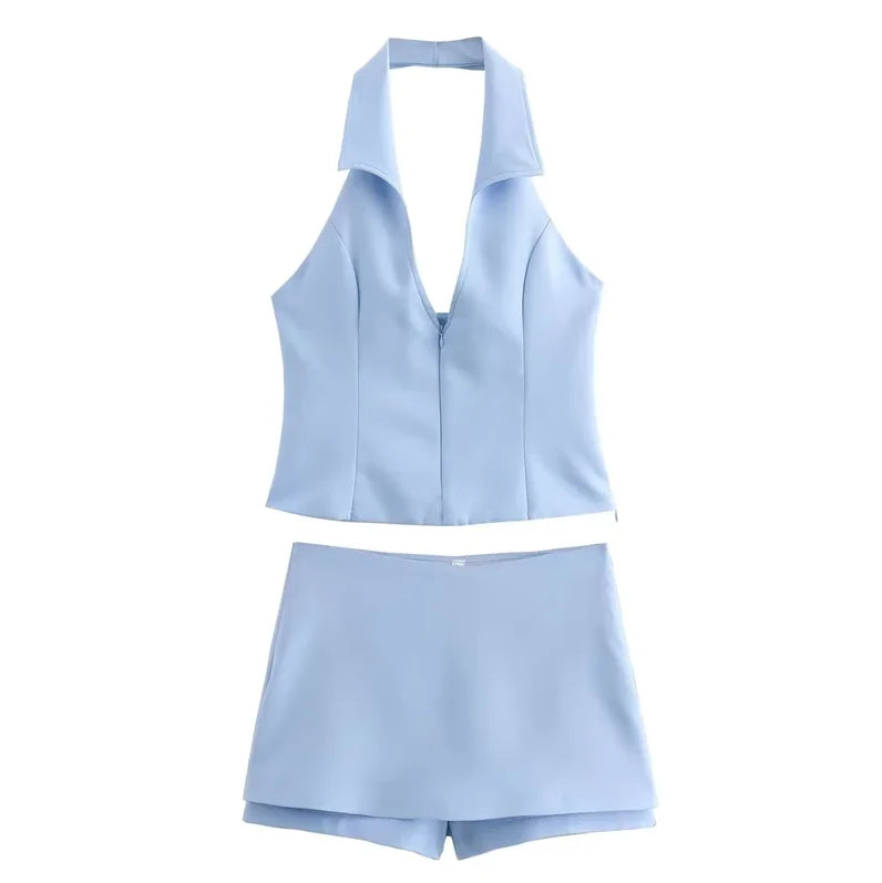 Women Summer 2 Piece Set High Waist Back Pocket Mini Skirts Shorts Sexy V-Neck Sleeveless Backless Suspender Zipper Top