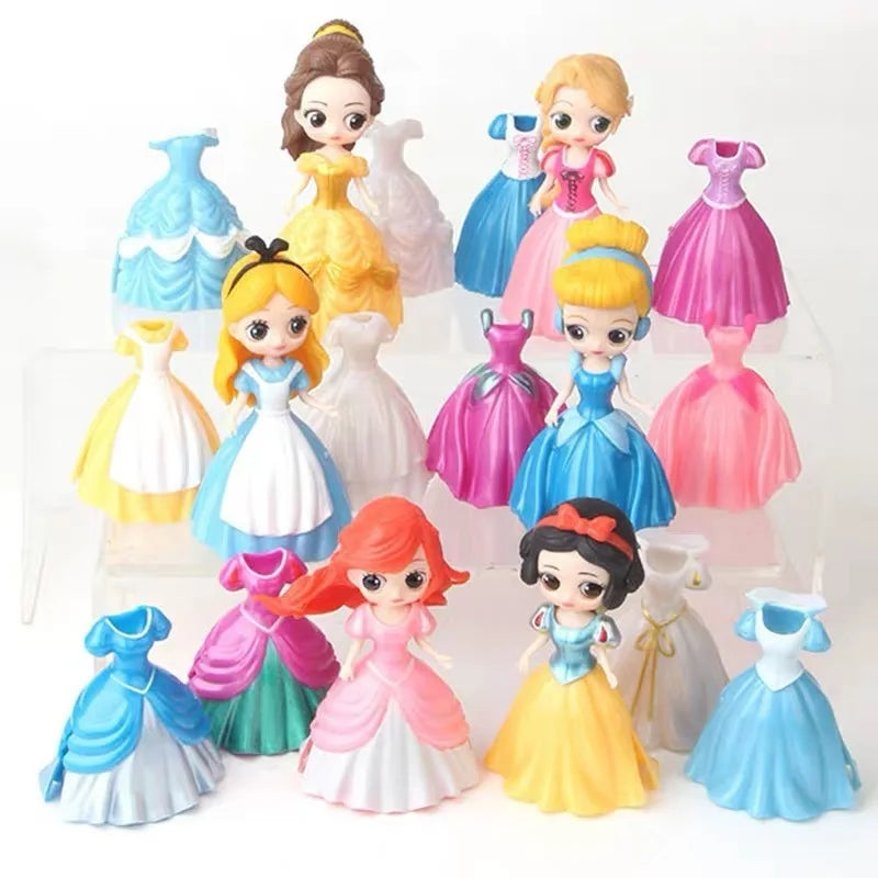 24pcs Princess Cinderella Belle Alice Snow White Ariel Rapunzel Pvc Action Figures Interchangeable Clothes Toys Dolls Gifts