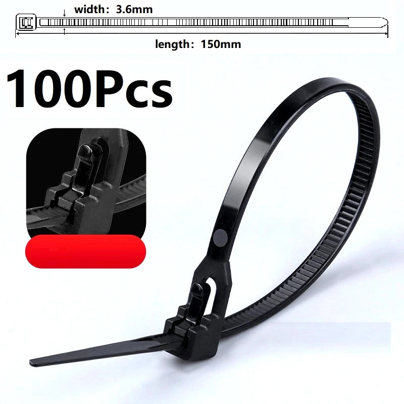 100 Reusable Cable Ties, Cable Lock Loop Nylon Ties Removable, Recyclable, Mixed Colours, Black, White