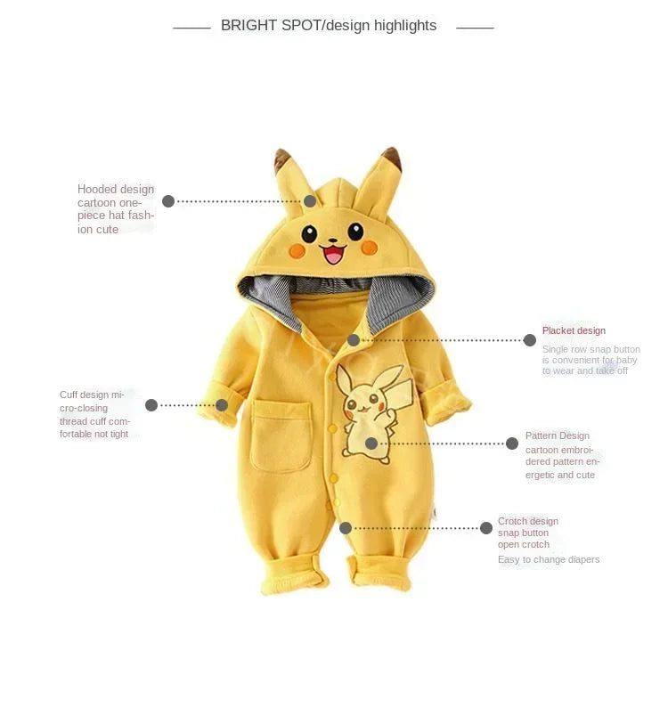 New Cute Cartoon Pokemon Pikachu Baby Pyjamsa Newborn Winter Long-Sleeved Kids Rompers Clothing Babies Toddler'S Clothes  Onesie